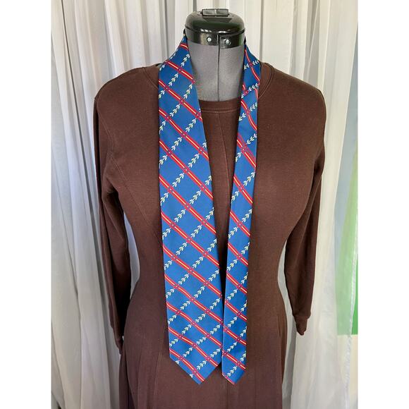 tie lattice striped floral 1970s blue red 100% polyester - Picture 7 of 8